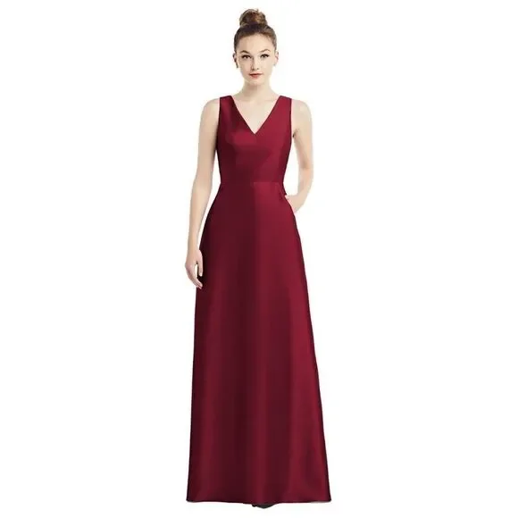 Alfred Sung V-Neck Belted Evening Gown Burgundy